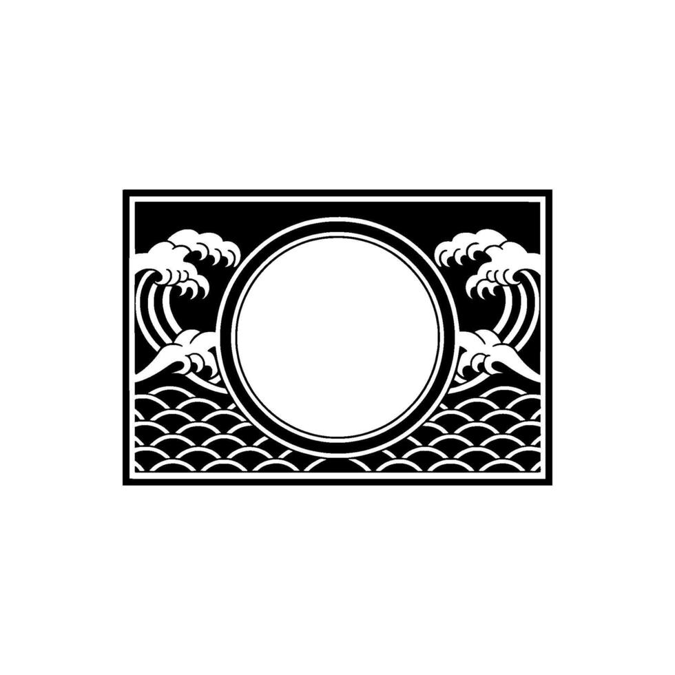 Black and White Japanese Wave with Circle Frame. vector