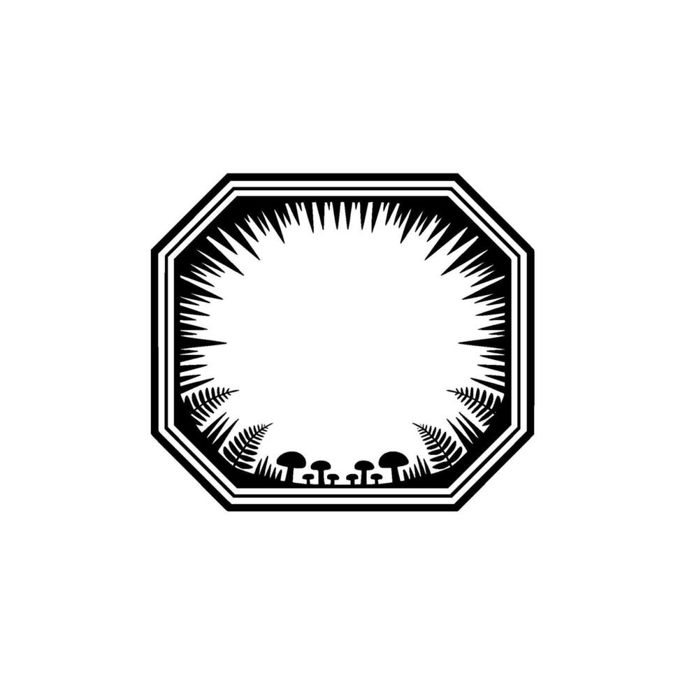Black and White Forest Frame with Ferns Mushrooms, Minimalist. vector