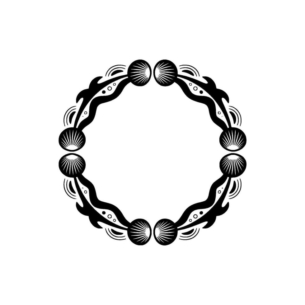 Geometric Black White Circular Frame with Shell Motifs. vector