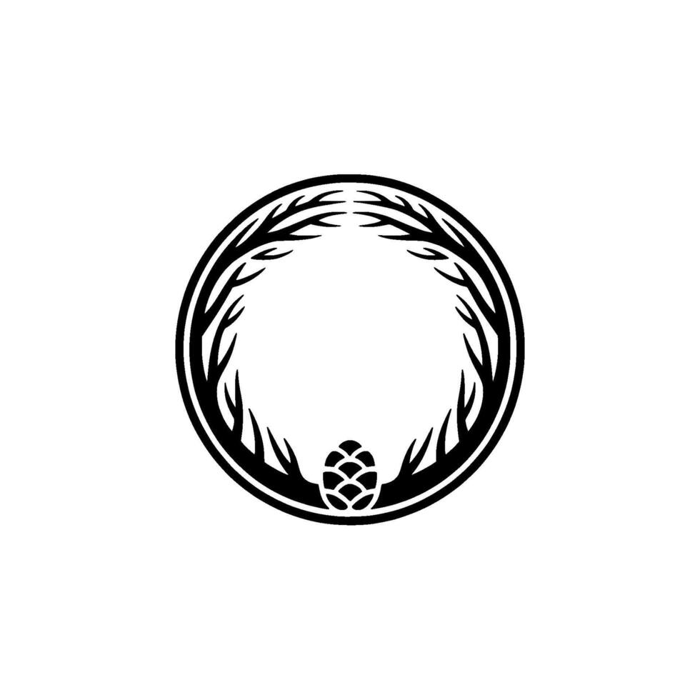 Minimalist Forest Circle Emblem Pine Cone Branch Frame, Black White. vector