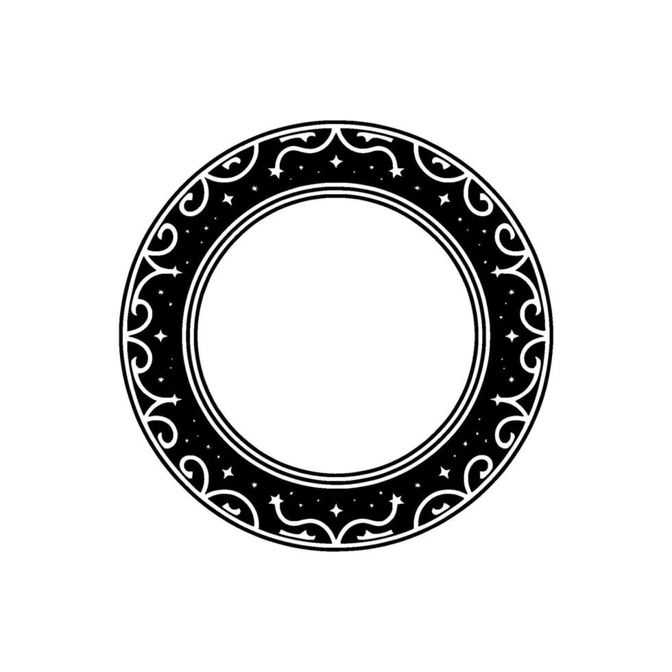 Ornate Black White Circular Frame, Stars Swirls, Elegant. vector