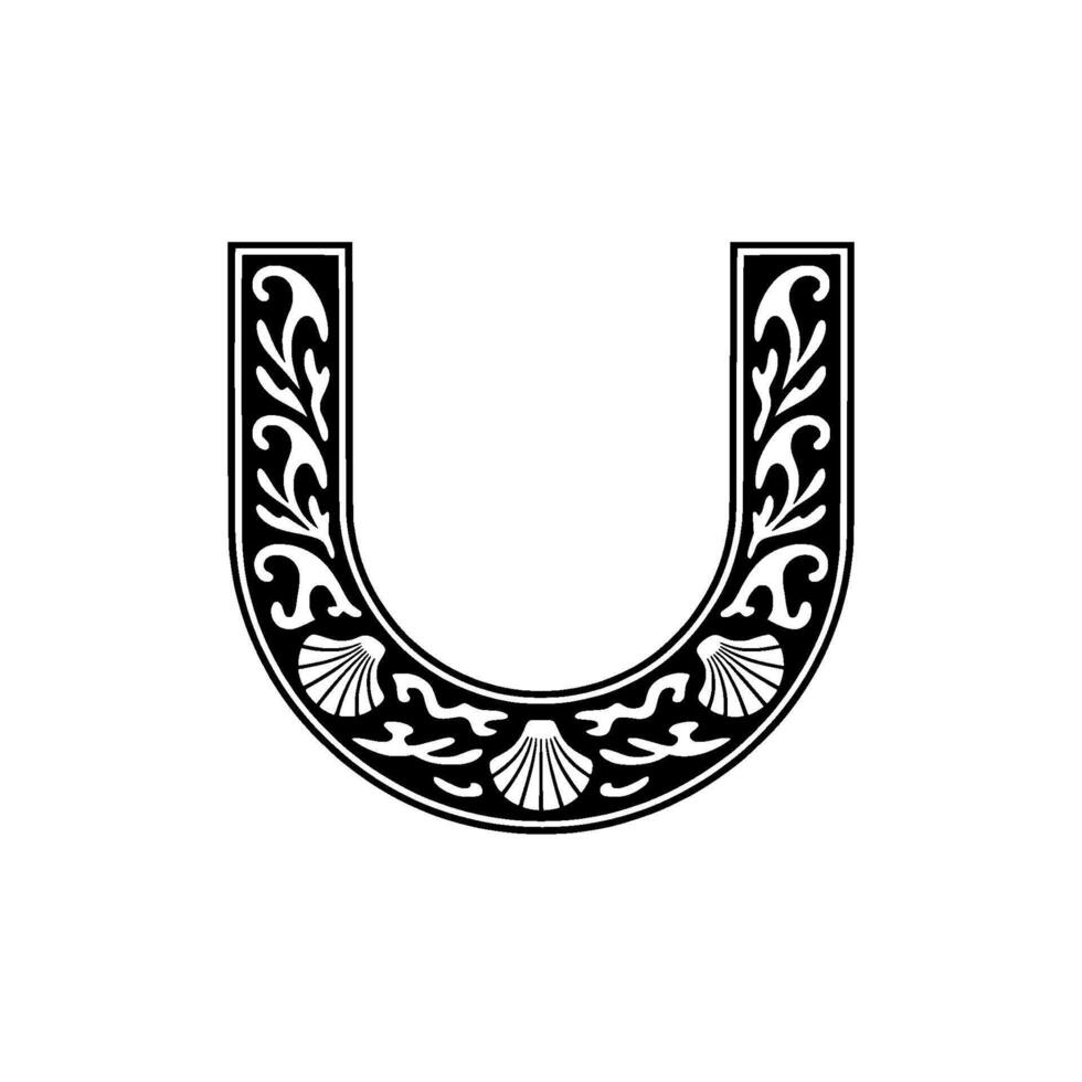 Elegant Letter U Illustration with Decorative Seashells and Foliage. vector