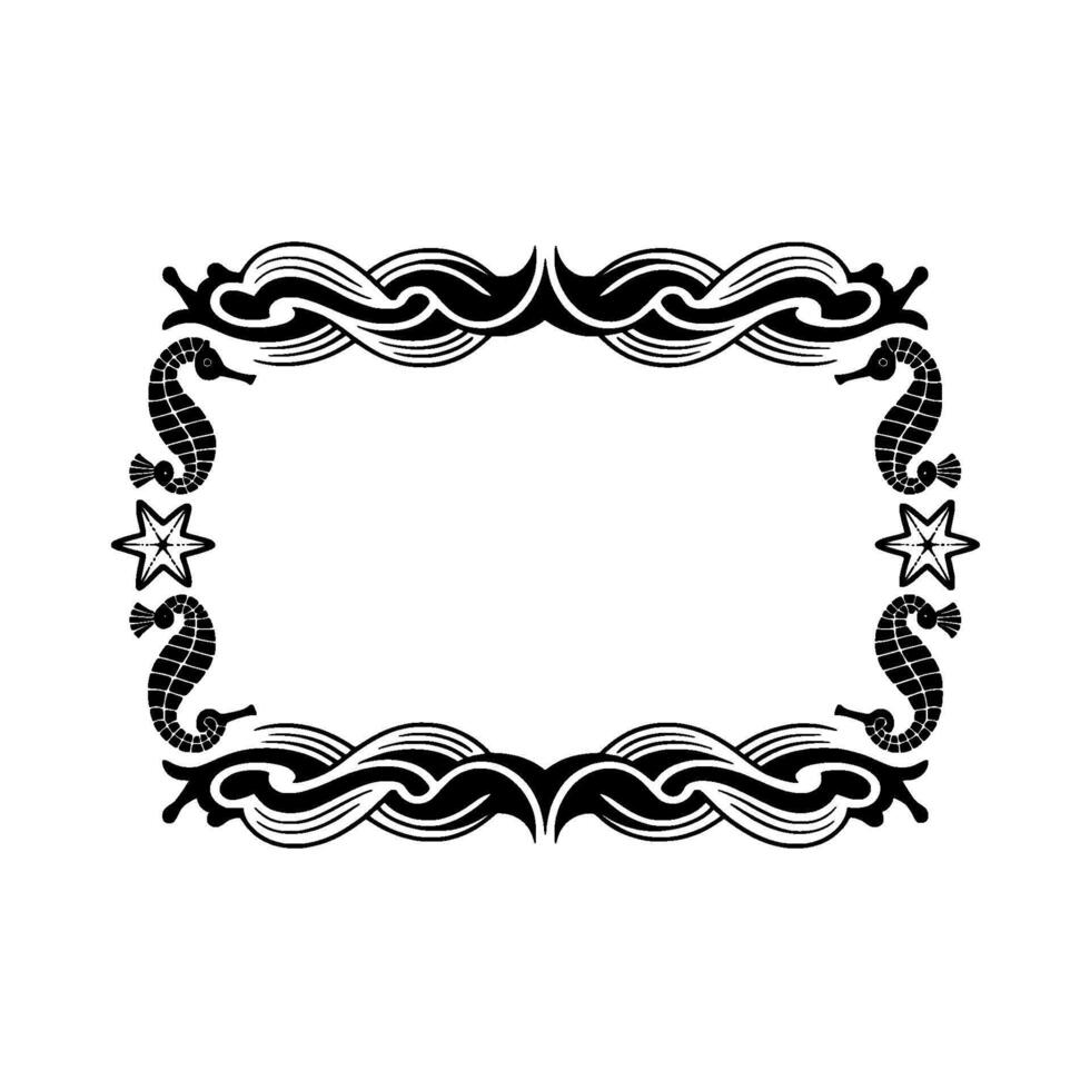Nautical Frame with Seahorses and Waves Decorative Black and White. vector