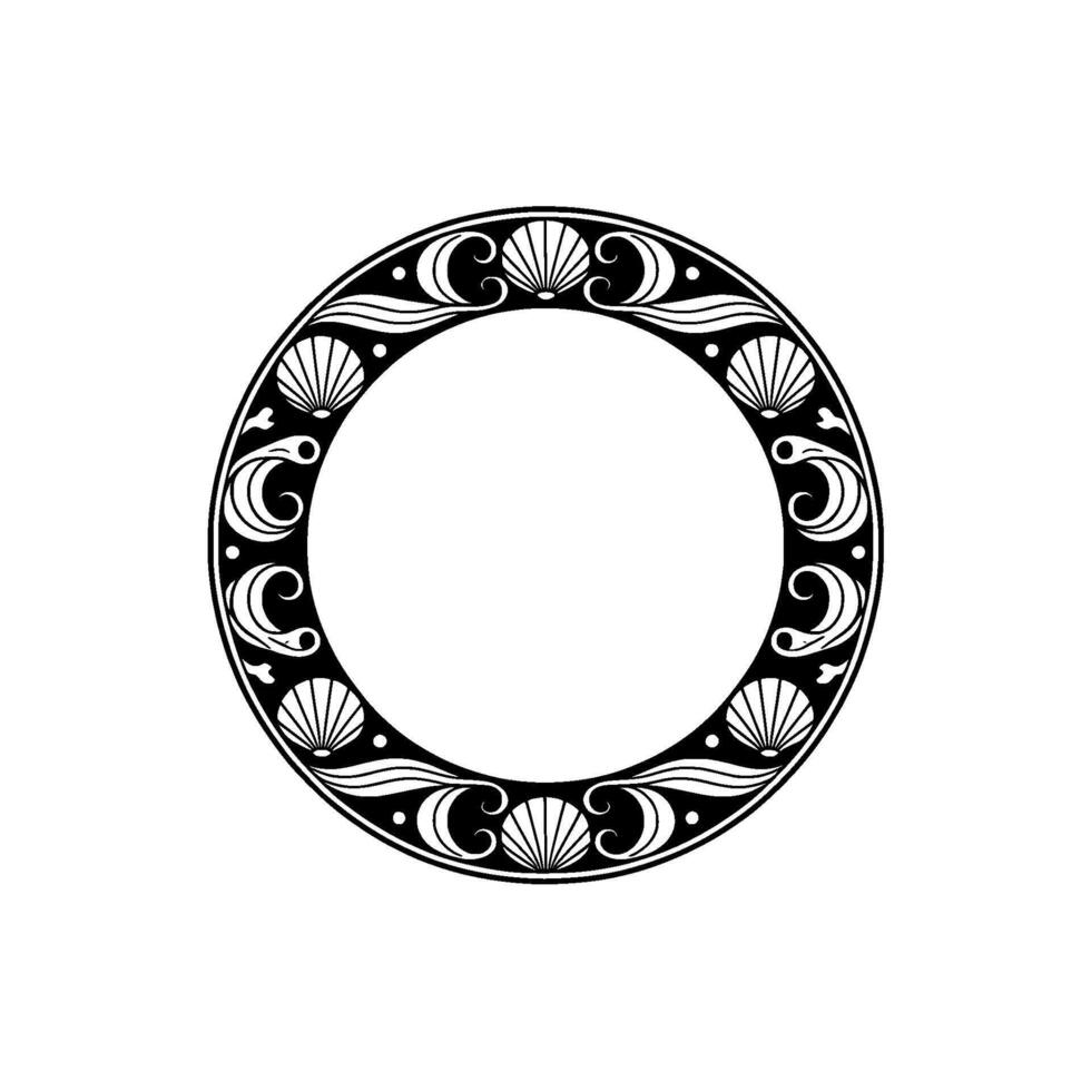 Elegant Sea Shell Circle Frame, Black and White. vector