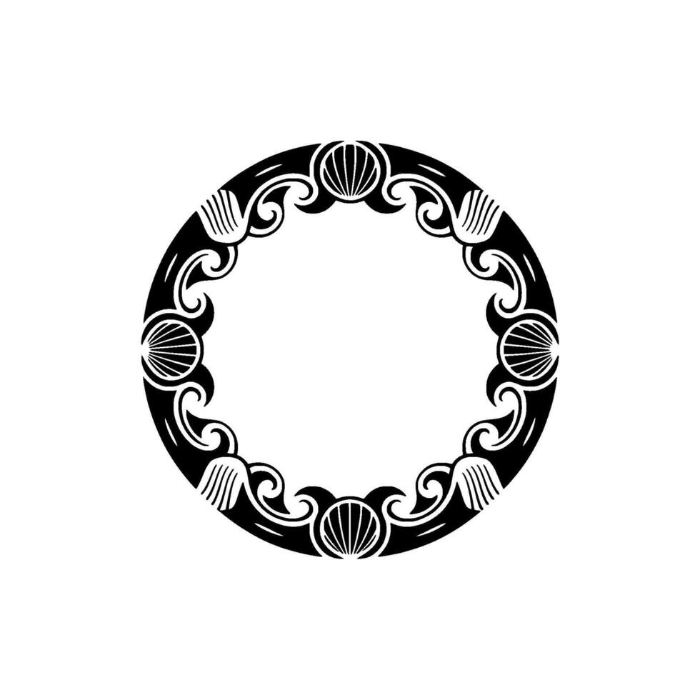 Elegant Black White Circle Ornament with Swirls Shells. vector