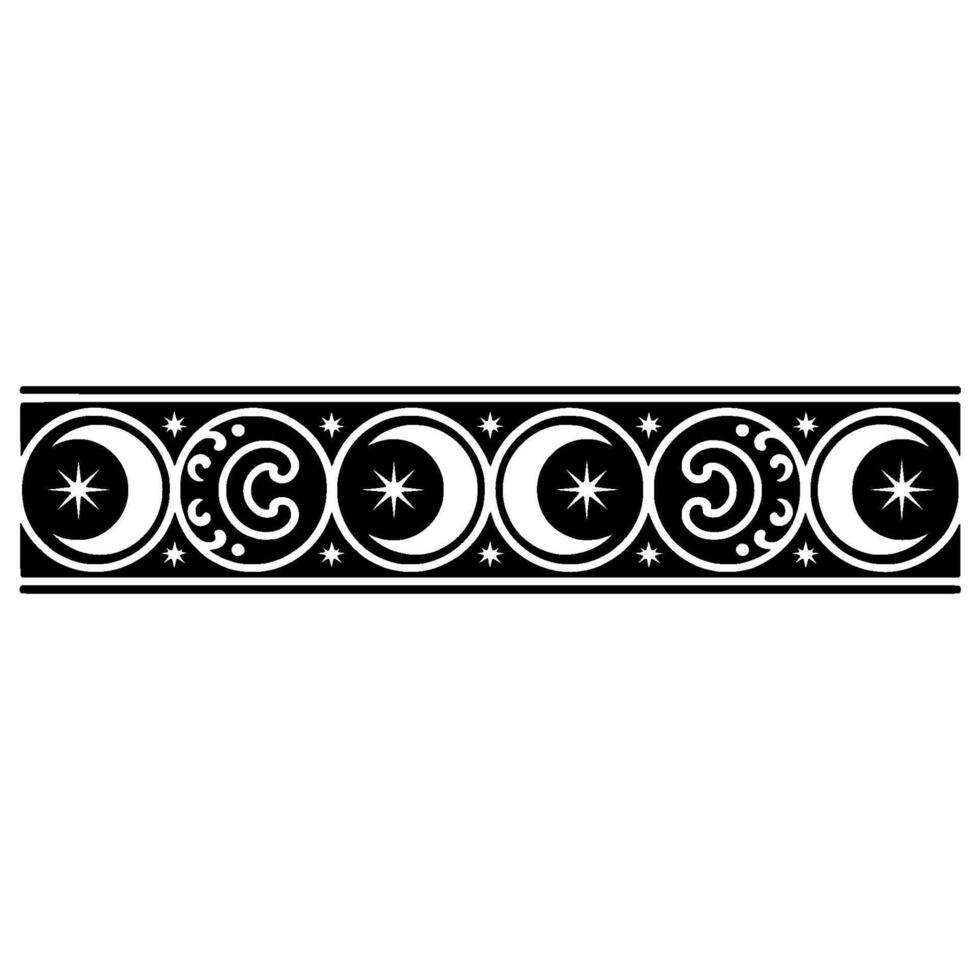 Celestial Border Black White Moon, Star, Swirl Pattern. vector