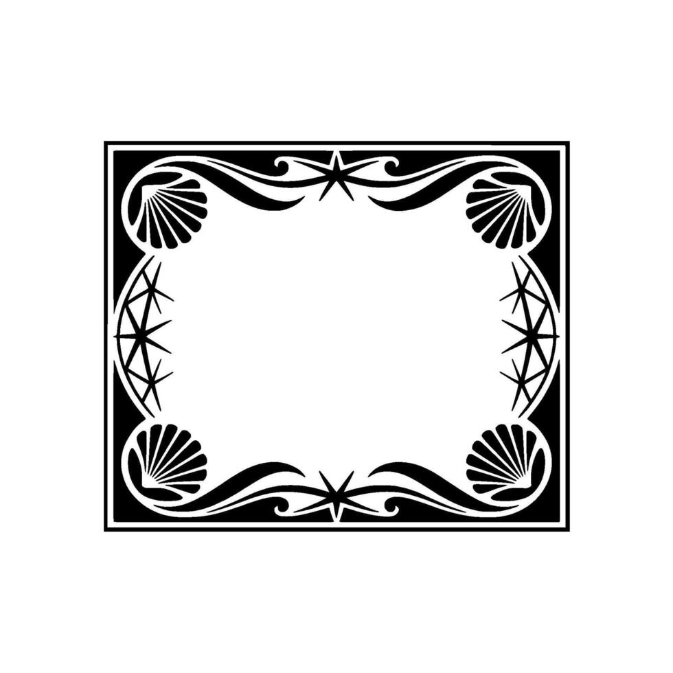 Elegant Black White Ornate Frame with Shells Stars. vector