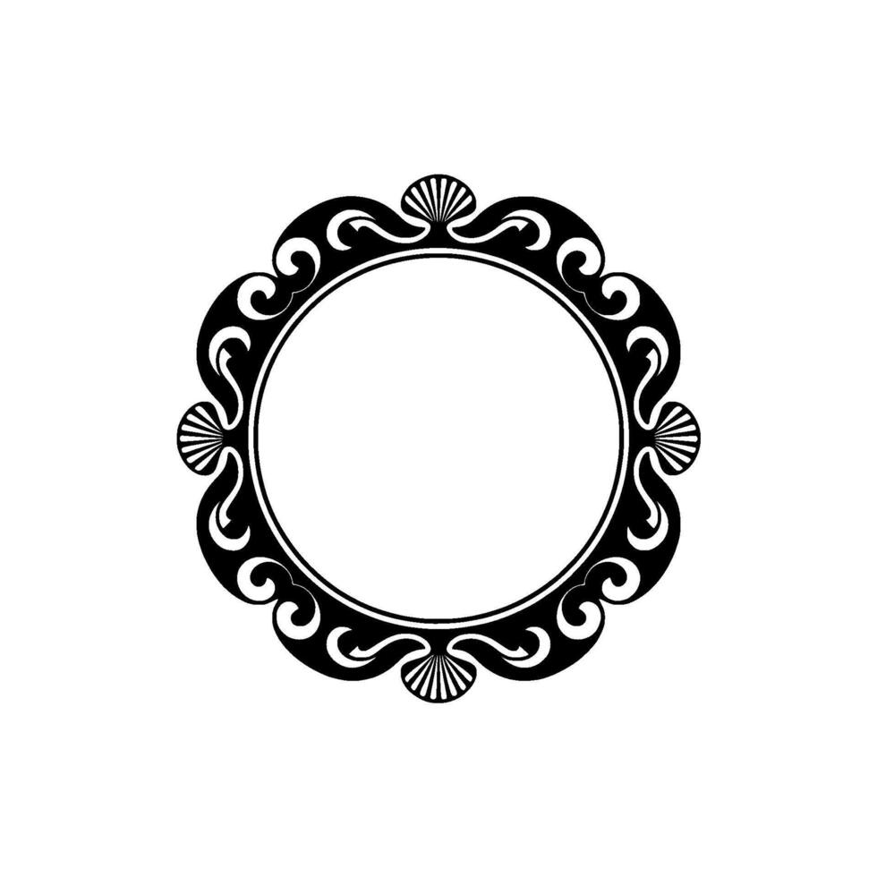 Elegant Black Round Frame with Shell Accents on White. vector