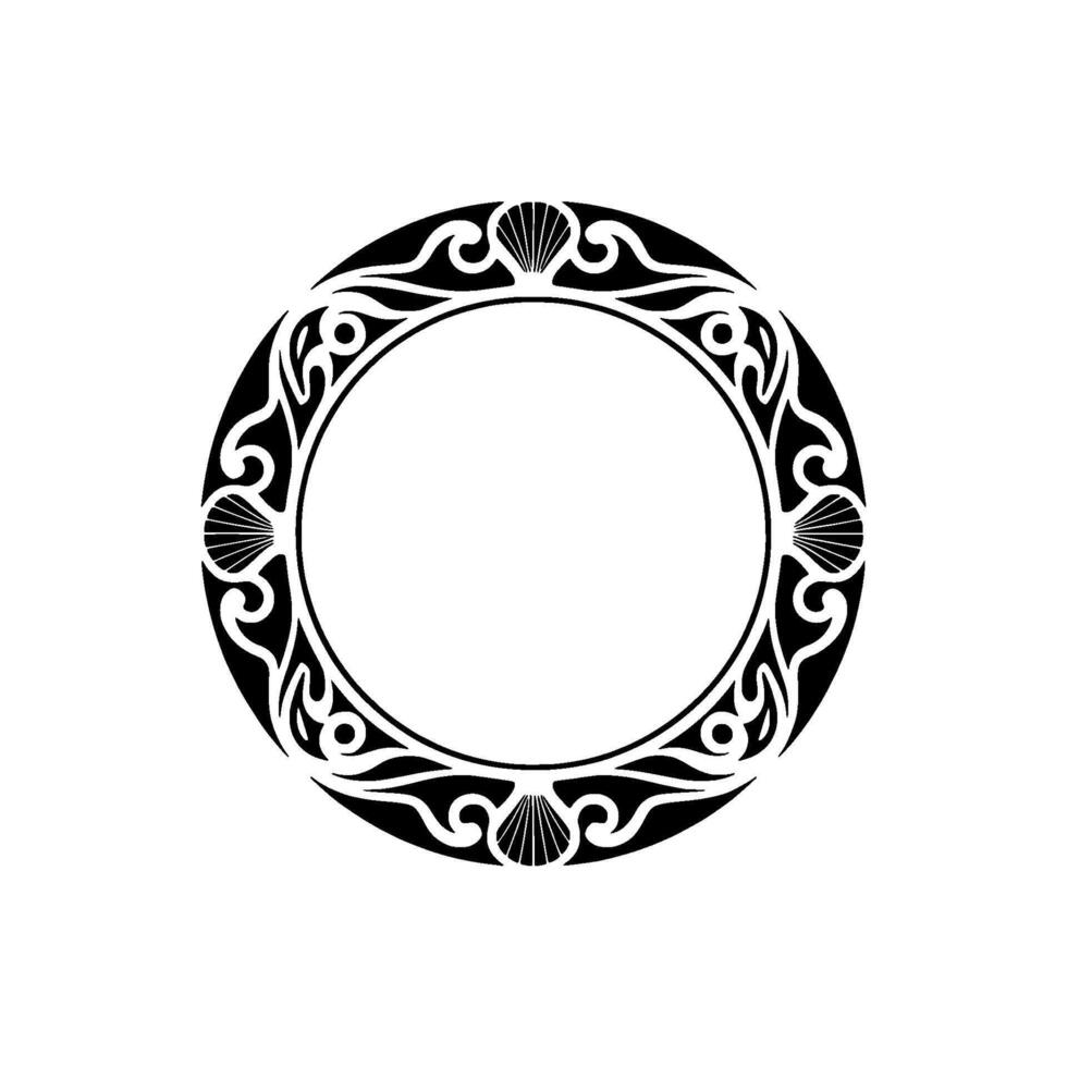 Decorative Circular Frame with Seashells and Swirls, Black White. vector