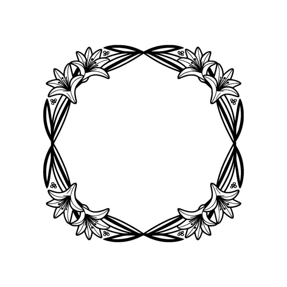Elegant Lily Wreath Minimalist Floral Circle Frame in Black White. vector