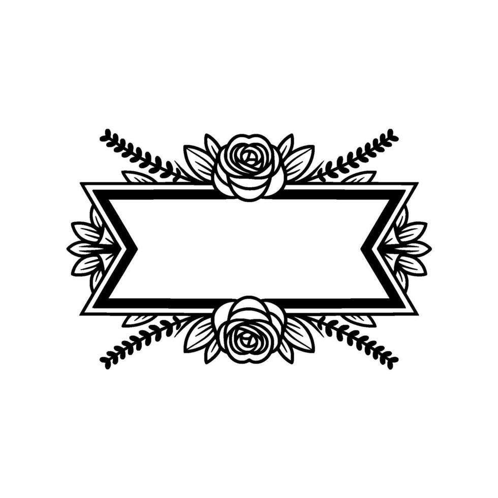 Elegant Floral Frame with Blank Banner, Black White. vector