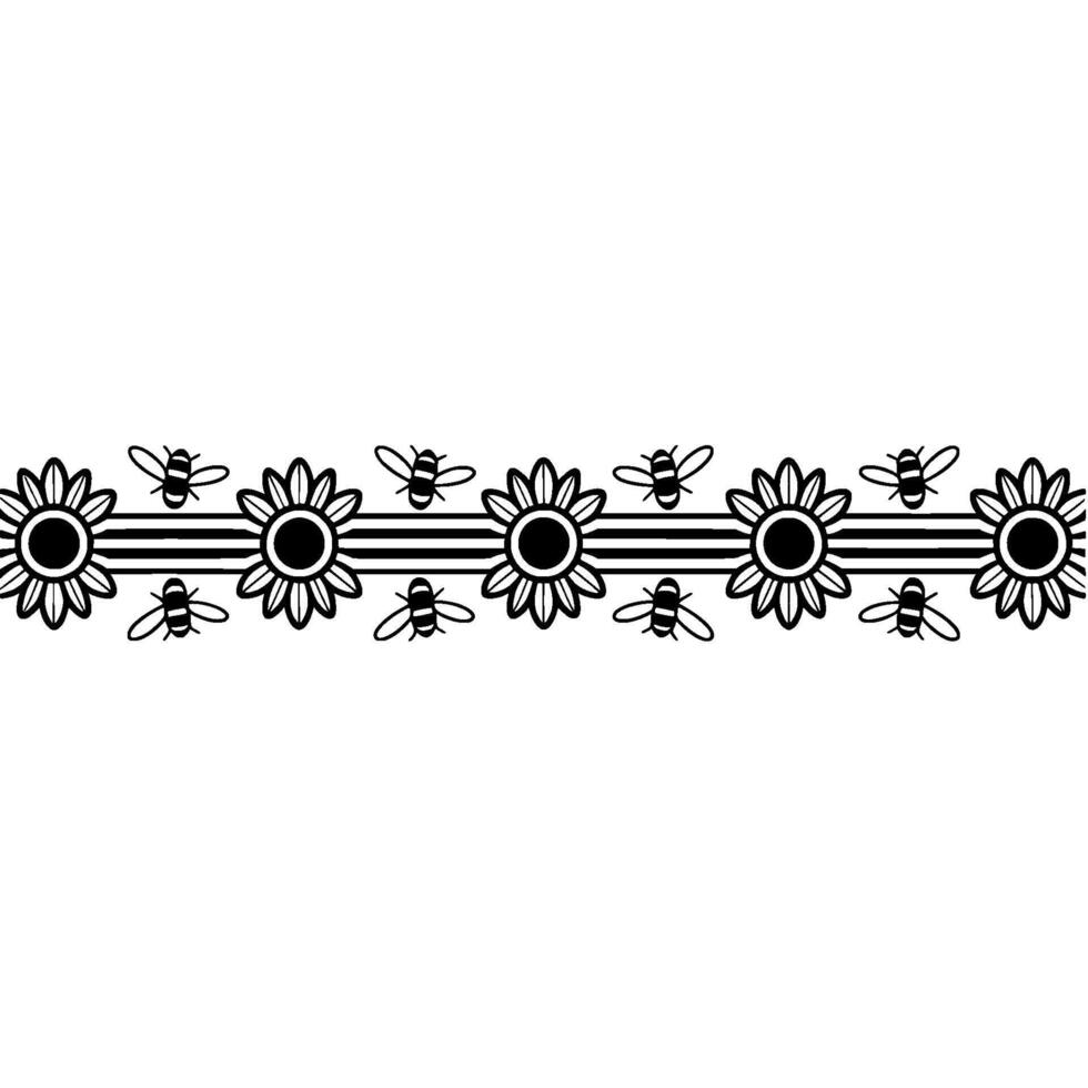 Floral Border Sunflowers Bees, Minimalist Black White vector