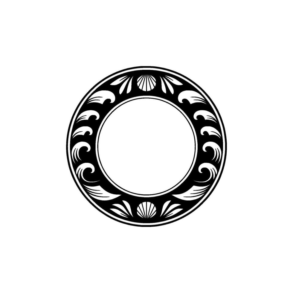 Ornate Circular Frame with Seashells and Foliage, Black and White vector