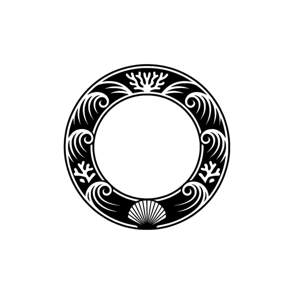 Coastal Circle Frame Ornament, Black White Element vector