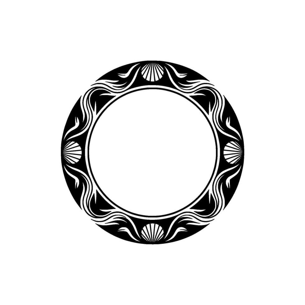 Ornate Black and White Circle Frame with Seashell and Wave Motif vector