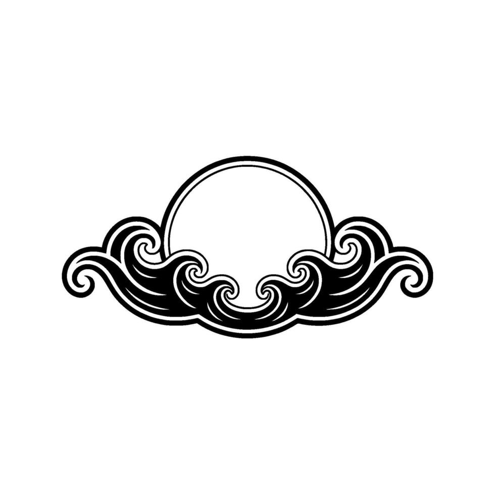 Black and White Waves Crest Circle Frame, Minimalist Illustration vector