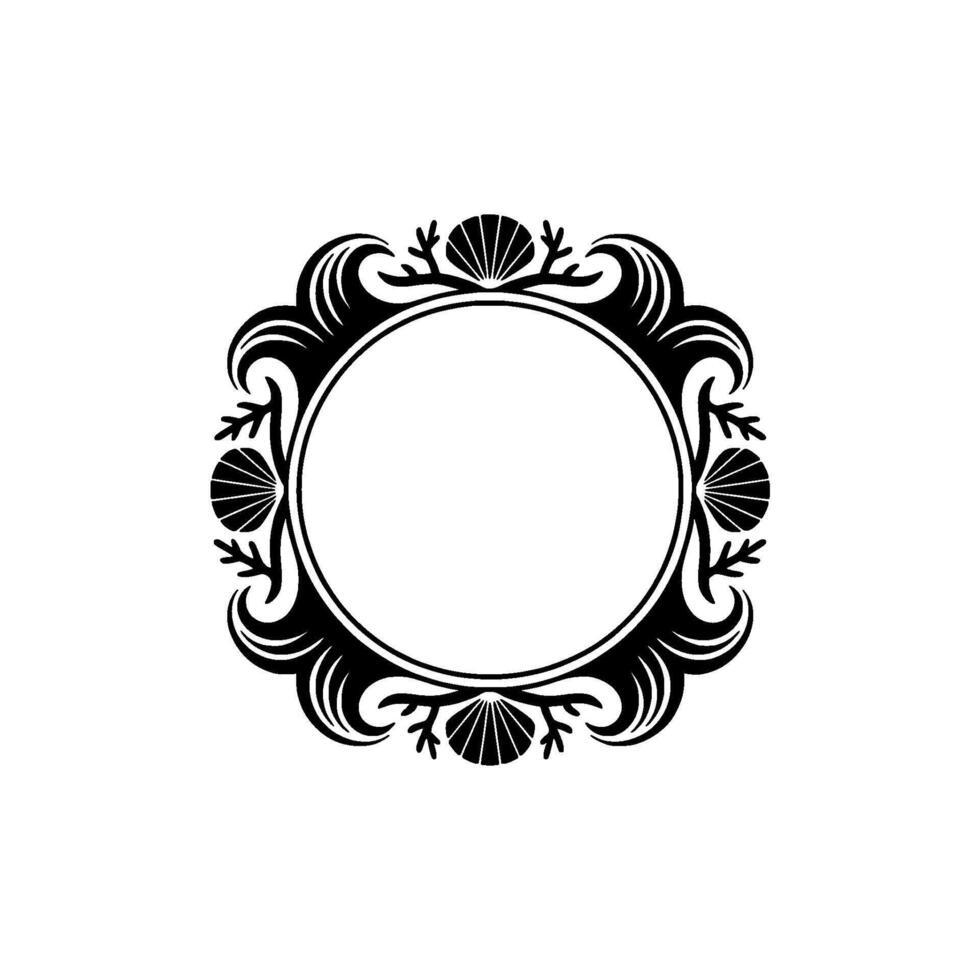 Elegant Sea Shell Frame with Blank Circle - Black on White vector