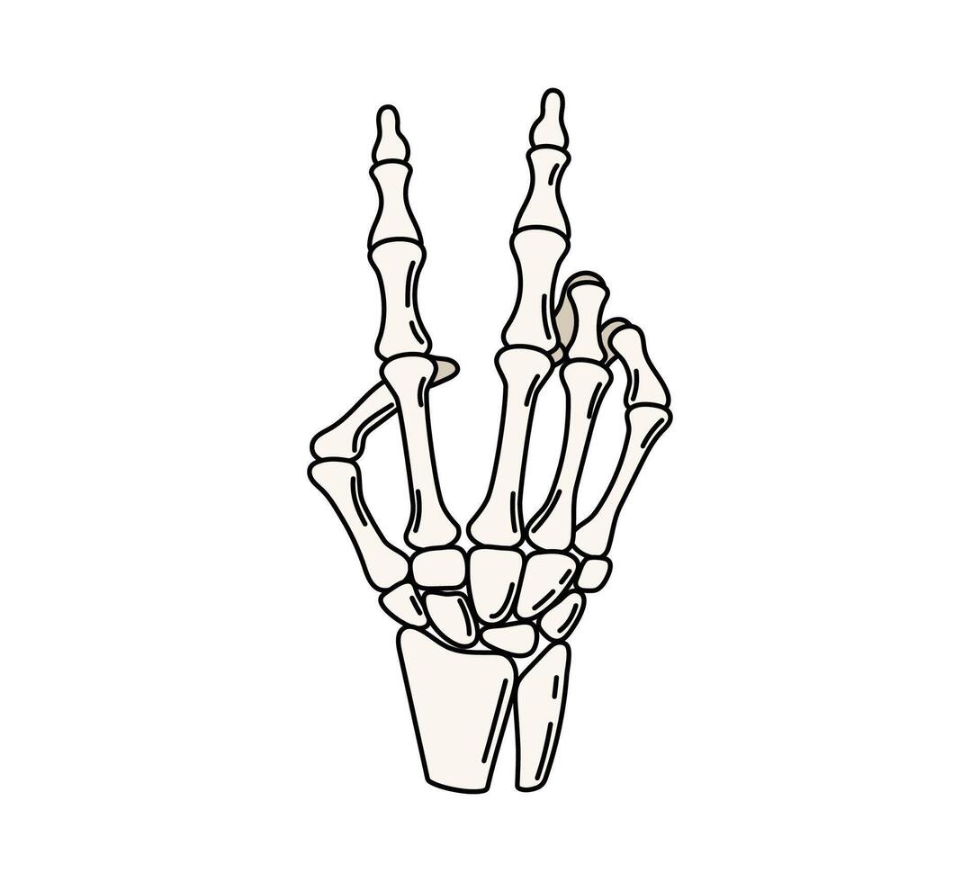 Cartoon groovy Halloween skeleton hand V symbol vector