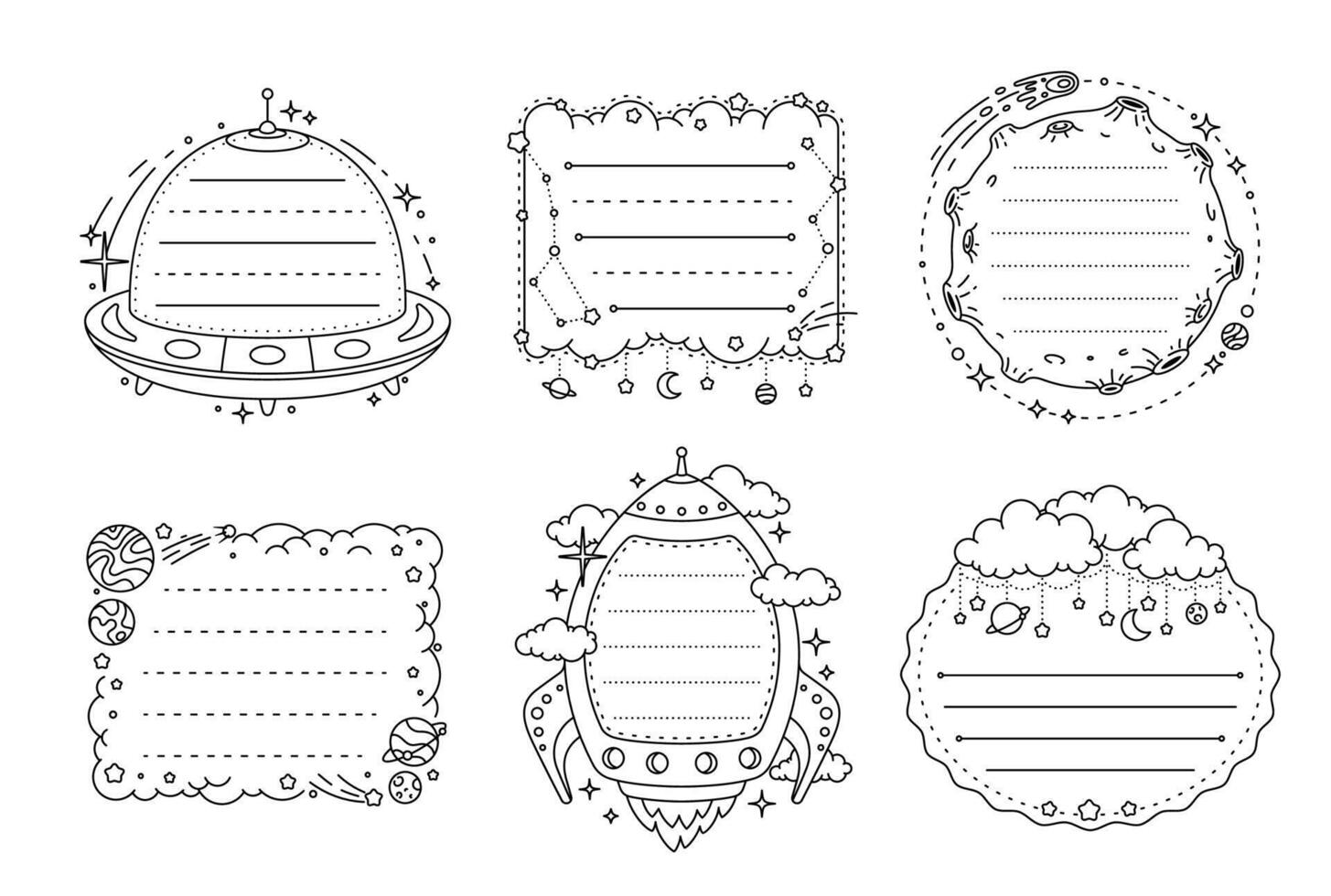 Funny kids memo note frames with galaxy space, ufo vector
