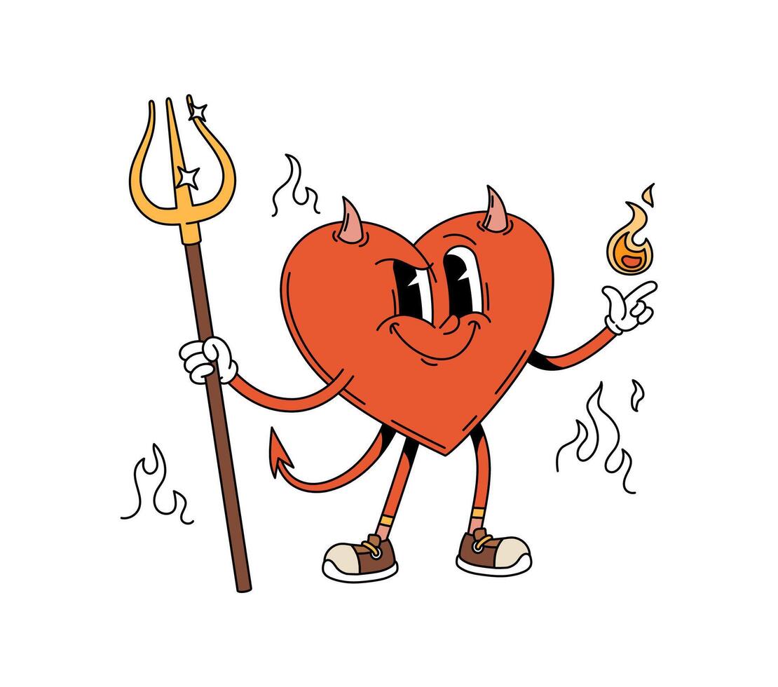 Cartoon groovy Halloween heart with devil horns vector