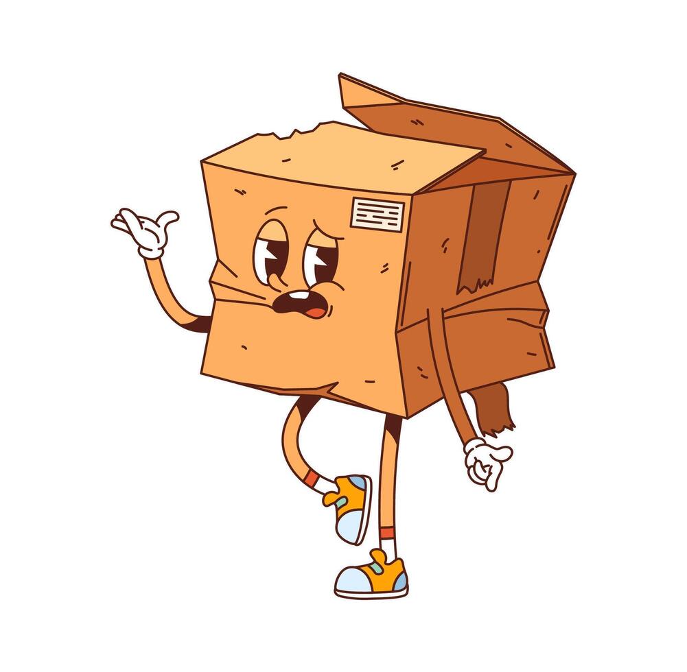 Cartoon groovy damaged delivery box character vector