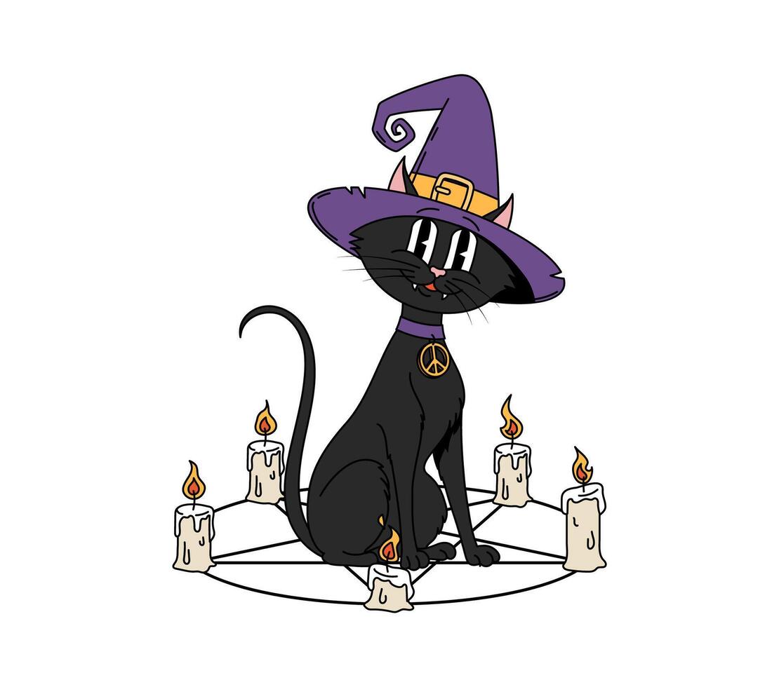 Cartoon Halloween black cat groovy retro character vector