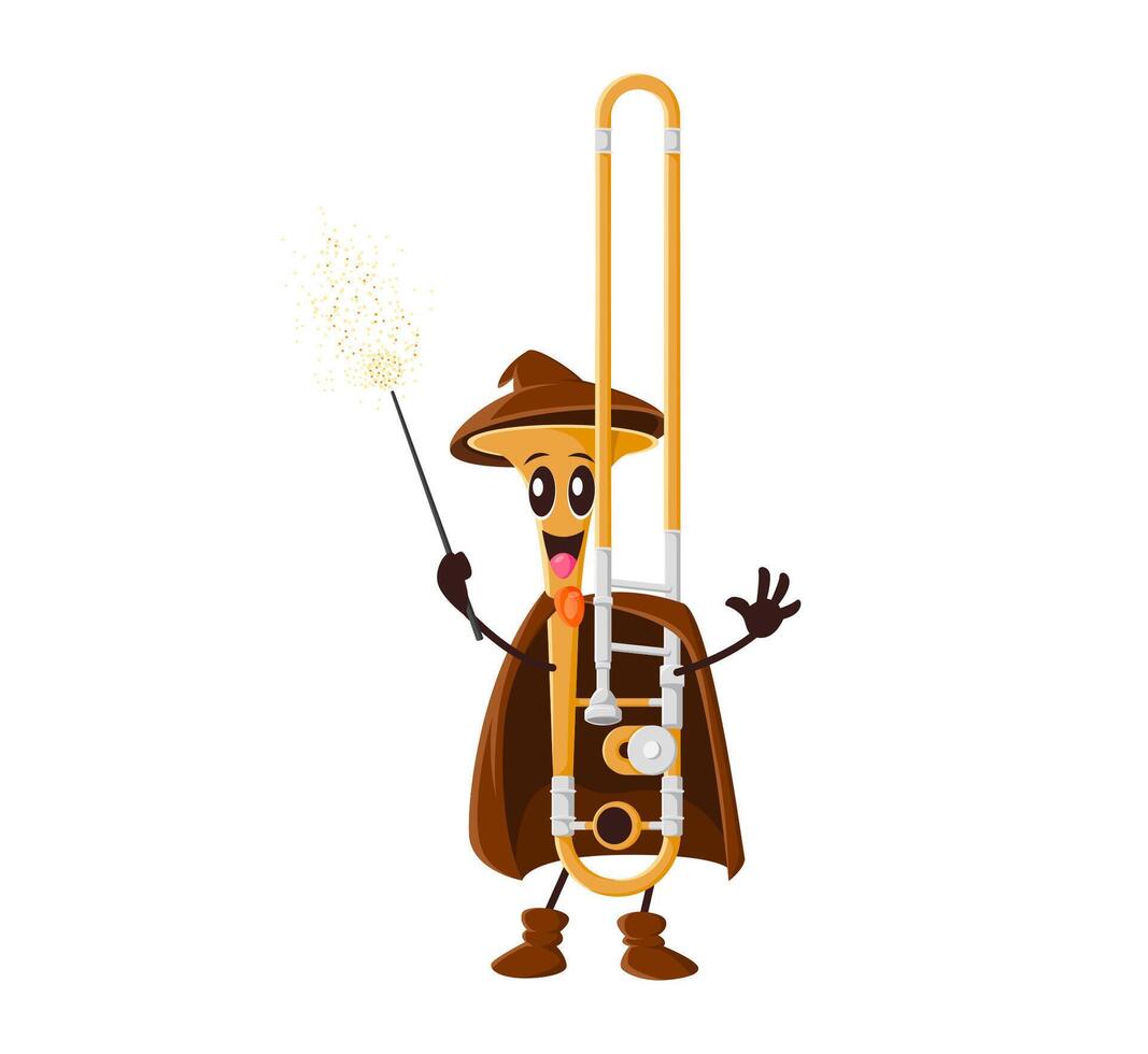 Cartoon trumpet mage, musical instrument character vector
