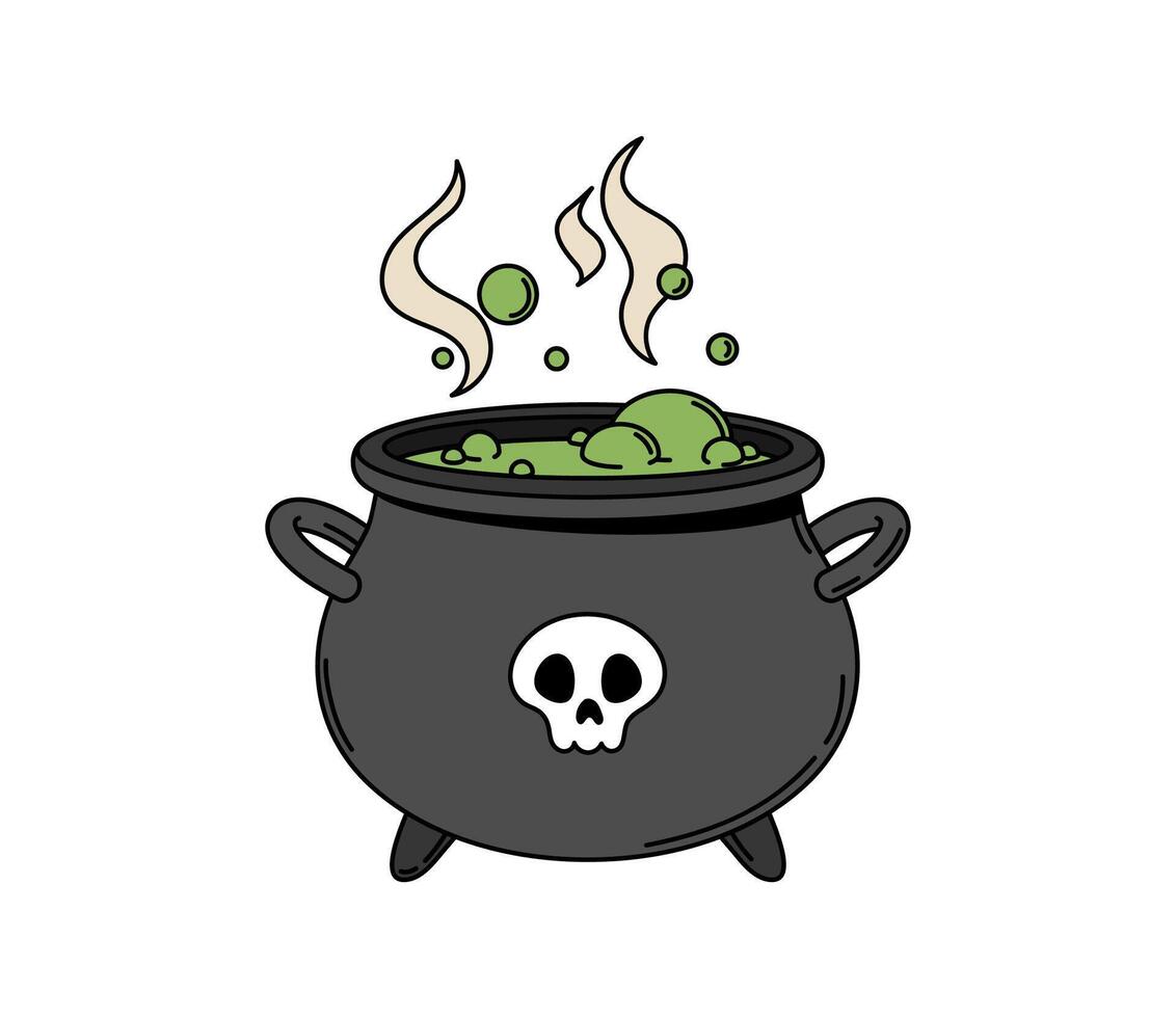 Cartoon groovy Halloween witch cauldron symbol vector