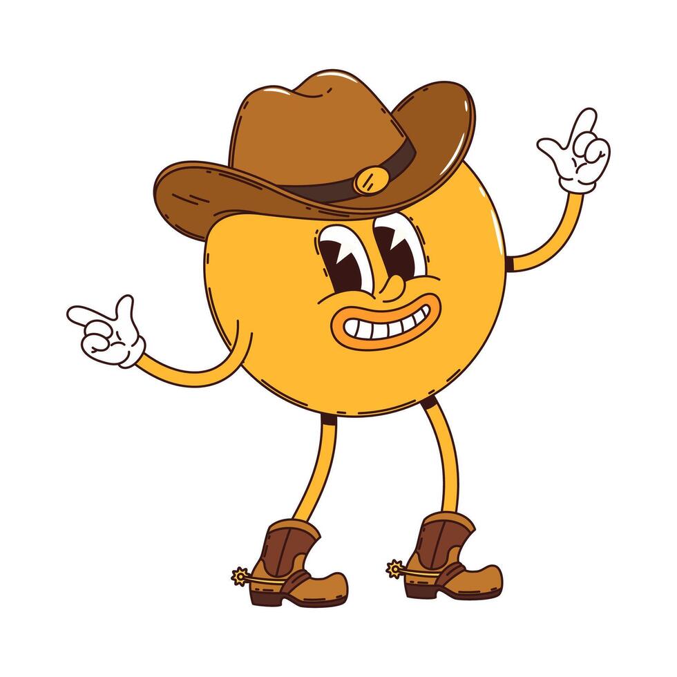 Groovy western wild west cowboy yellow smile emoji vector