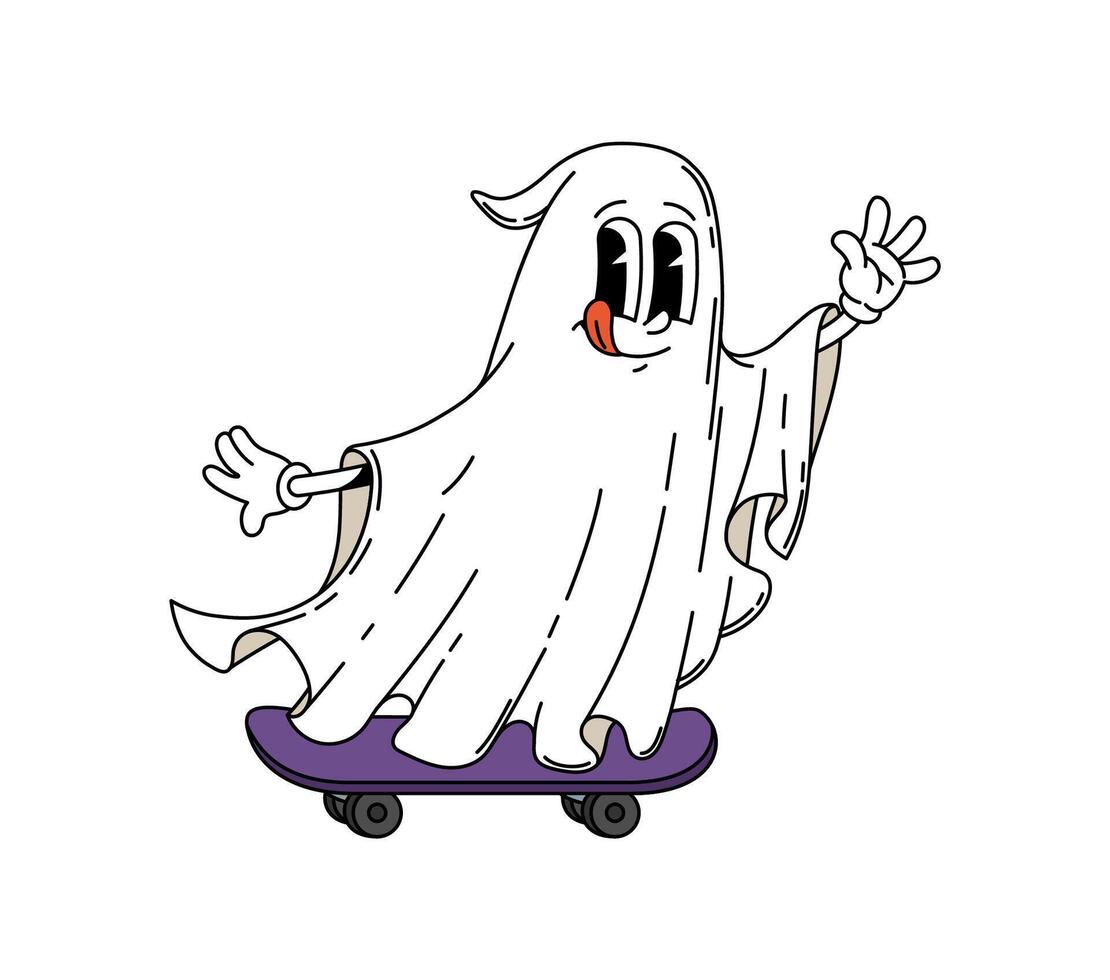Cartoon groovy Halloween ghost riding a skateboard vector