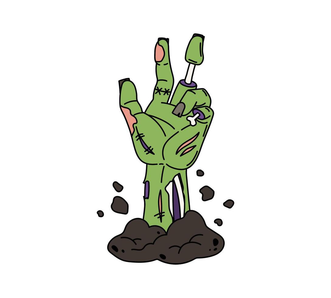 Cartoon groovy zombie hand, Halloween symbol vector
