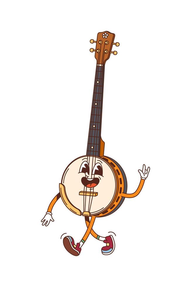 Cartoon groovy banjo musical instrument character vector