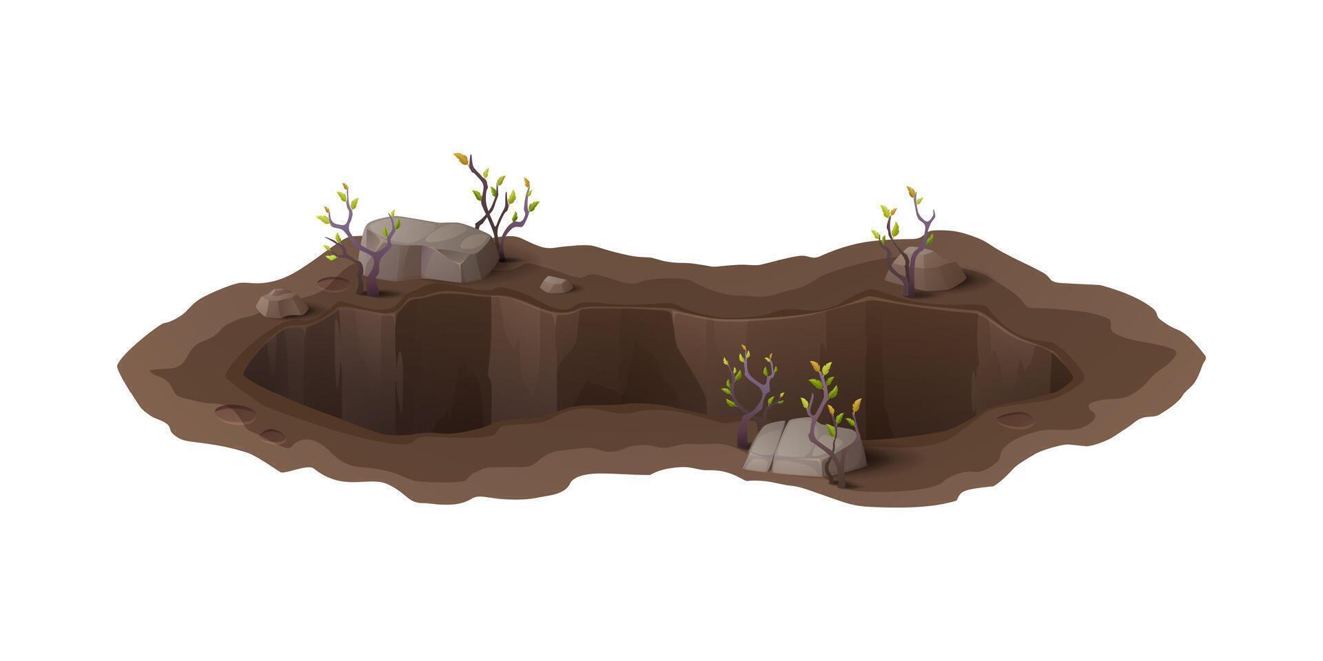 Cartoon deep pit and burrow, ground hole vector