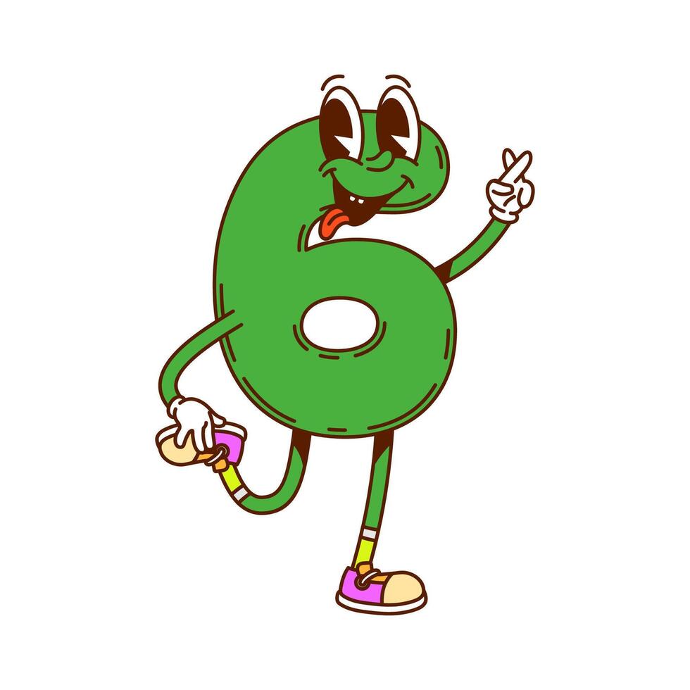 Groovy number 6, cartoon funny math character vector