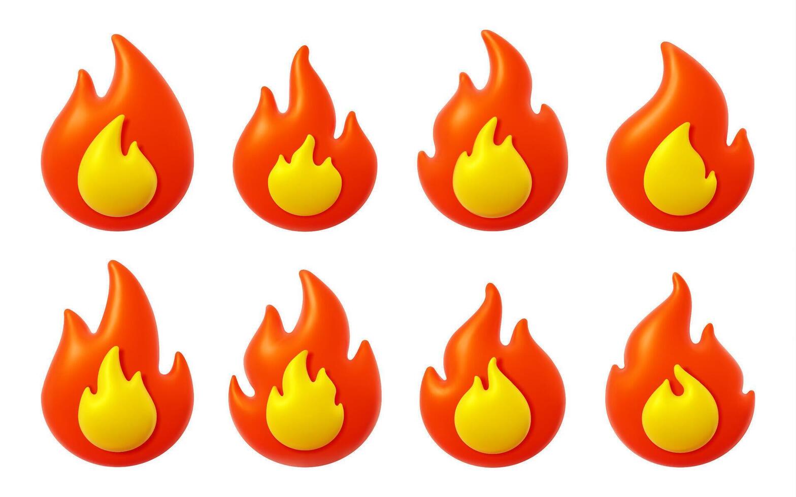 3D fire flame icons set, isolated burning blaze vector
