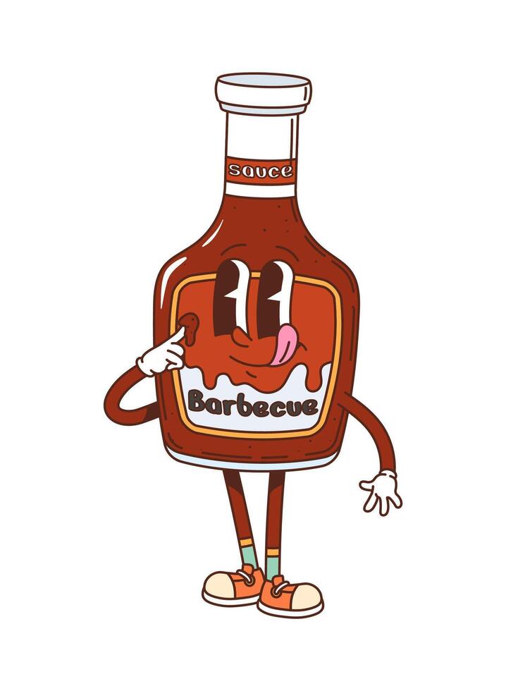 Cartoon groovy barbecue sauce bottle character vector