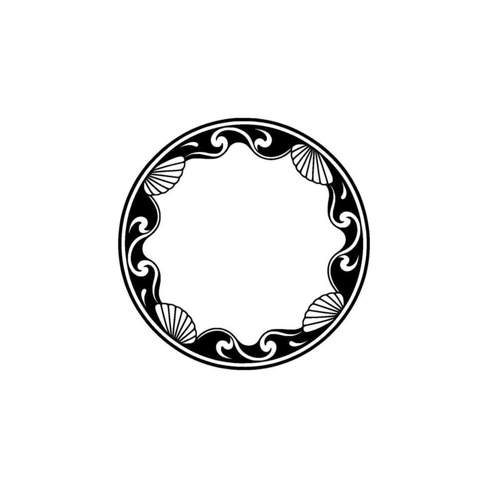 Elegant Circle Frame with Shells Swirls - Black White Decorative vector