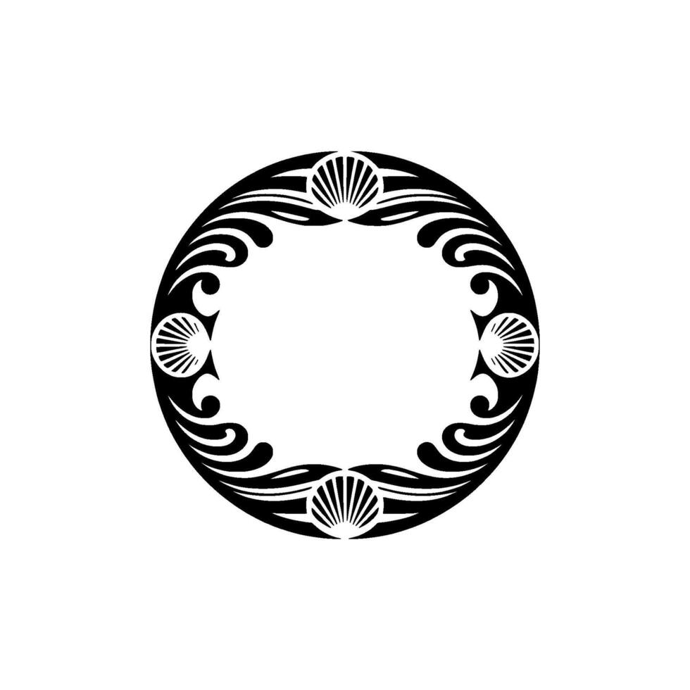 Decorative Round Frame with Shells, Black and White Illustration vector