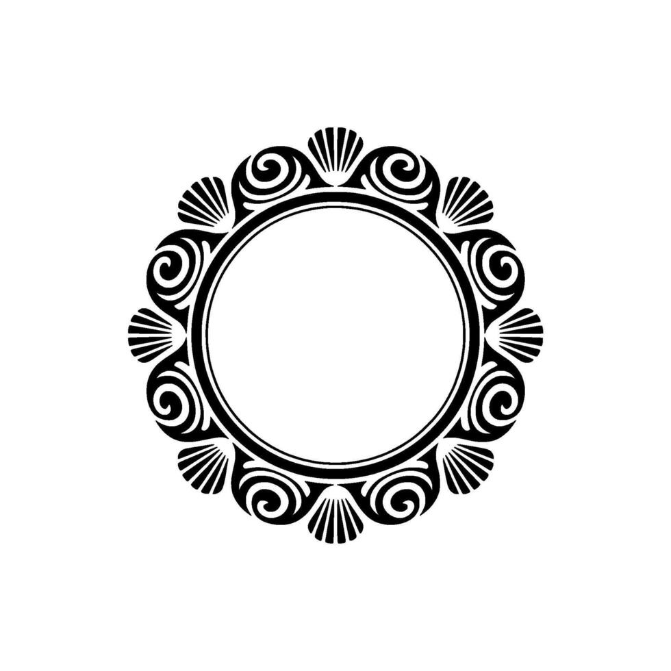 Elegant Black Circular Frame with Swirls and Shells on White Background vector