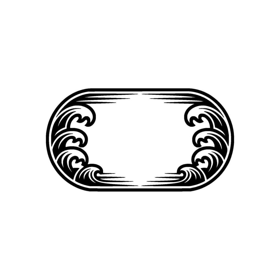 Ornamental Ocean Wave Oval Frame, Black White vector