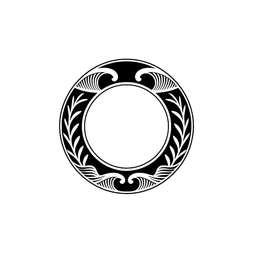 Elegant Black White Circle Emblem with Leaf Wave Motifs on White Background vector