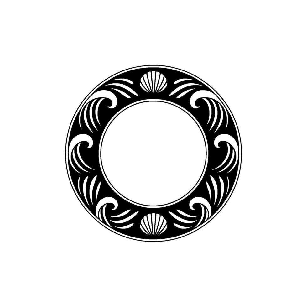 Elegant Coastal Circle Frame Shell Wave Motif, Black White vector
