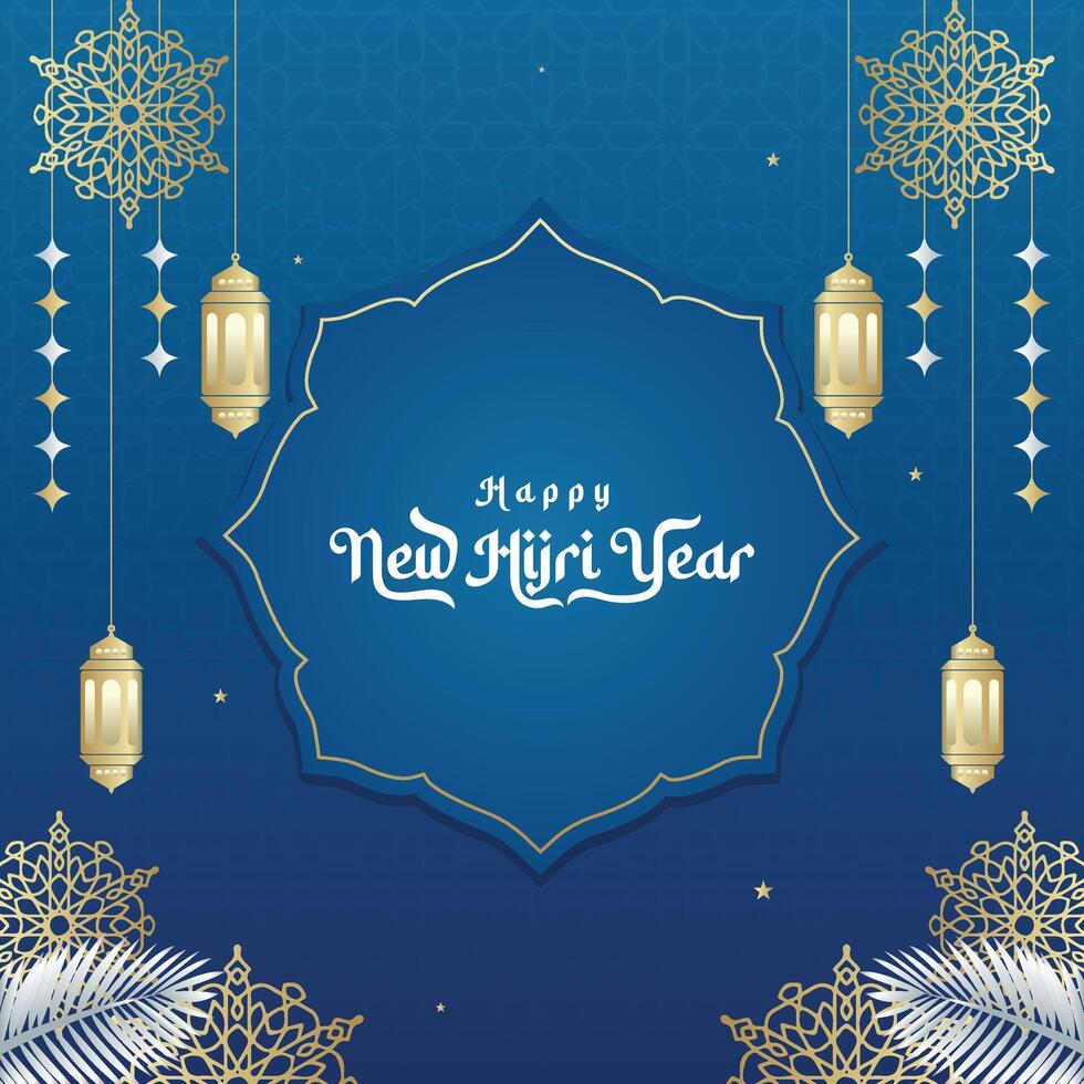 Happy Hijri New Year greeting with calligraphy, lanterns, and camels. Islamic background design for cards, banners, covers, Eid, Isra Miraj, Ashura, Milad, Muharram vector