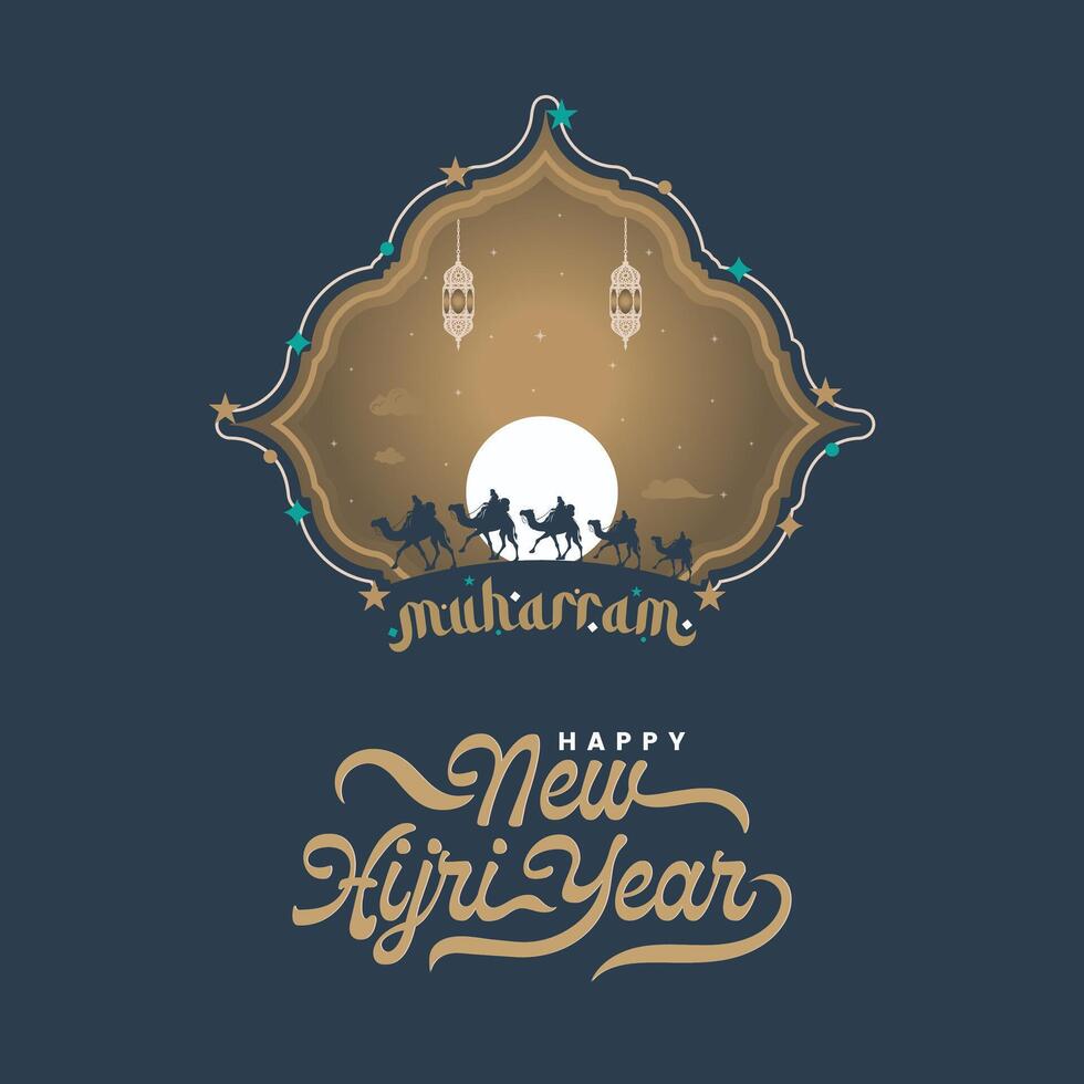 Happy Islamic New Hijri Year poster with calligraphy, elegant frame, and background. Muharram, Ashura, Eid, Isra Miraj, Milad Islamic illustration design vector
