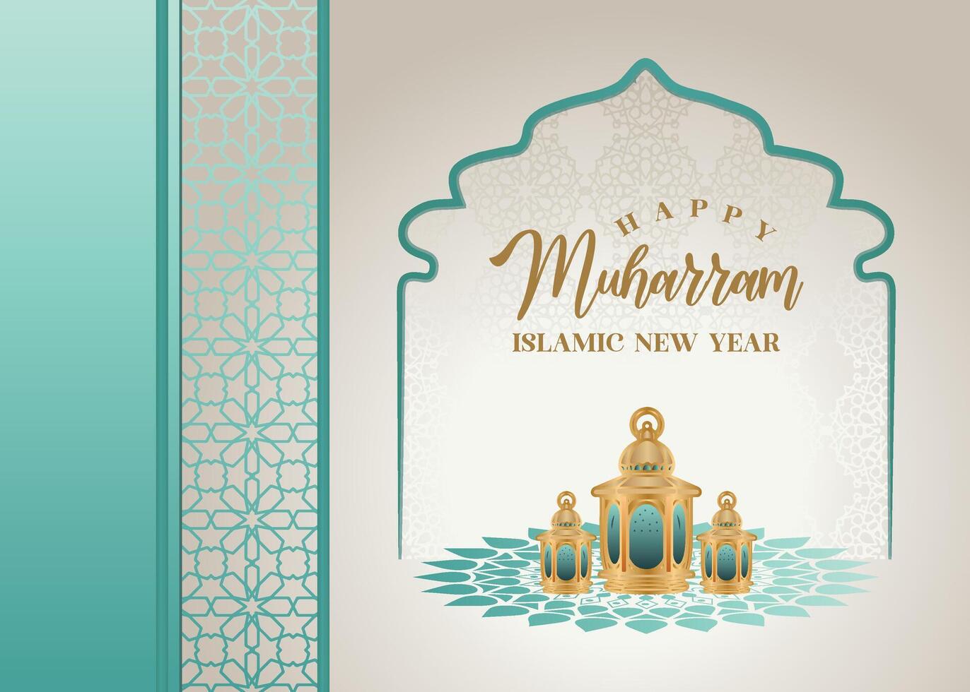 illustration for Happy Hijri Year. Islamic New Year design with patterns for banners, flyers, gift cards. Ideal for Eid, Isra Miraj, Ashura, Mawlid, Muharram vector