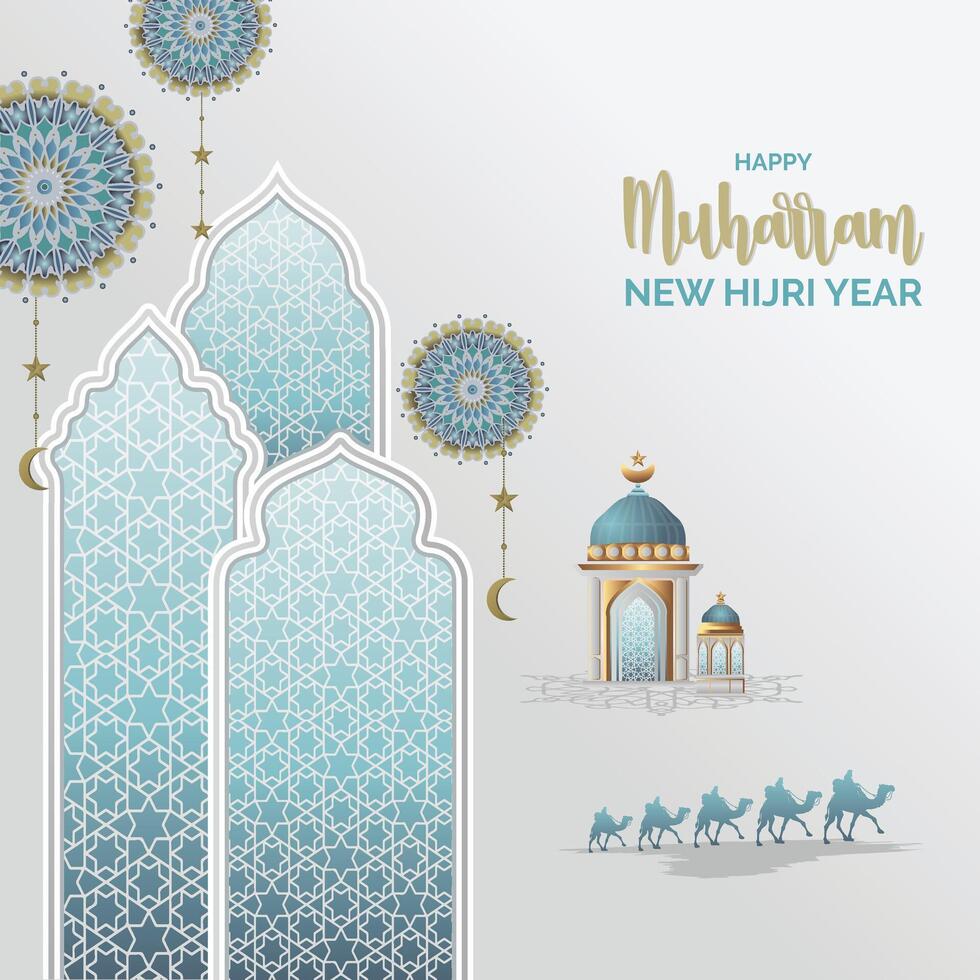 Happy Hijri New Year greeting with Islamic background, calligraphy, lanterns, camels. Perfect for cards, banners, covers, Eid, Isra Miraj, Ashura, Milad, Muharram vector