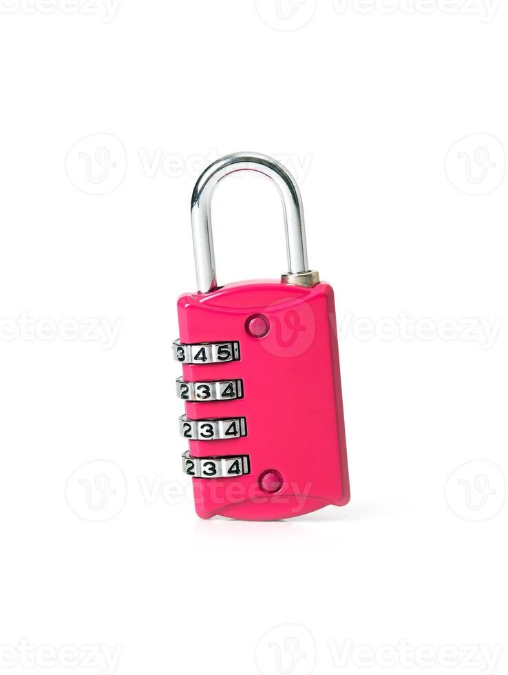 Bright pink combination padlock with metal dials on a white background. Secure and stylish lock for luggage or personal items photo