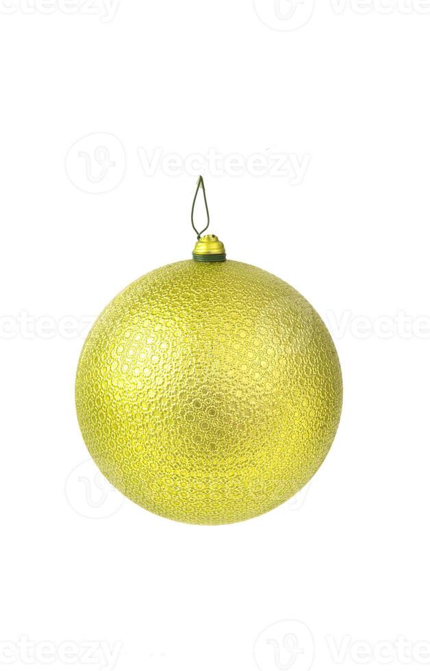 Close-up of a golden green Christmas ornament with textured patterns. Elegant and shiny holiday decor for festive celebrations. photo