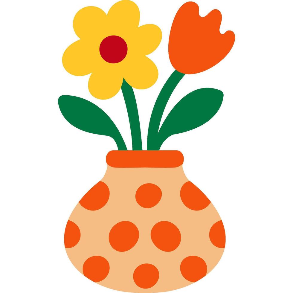 Cartoon orange vase with polka dots and colorful flowers flat floral illustration vector