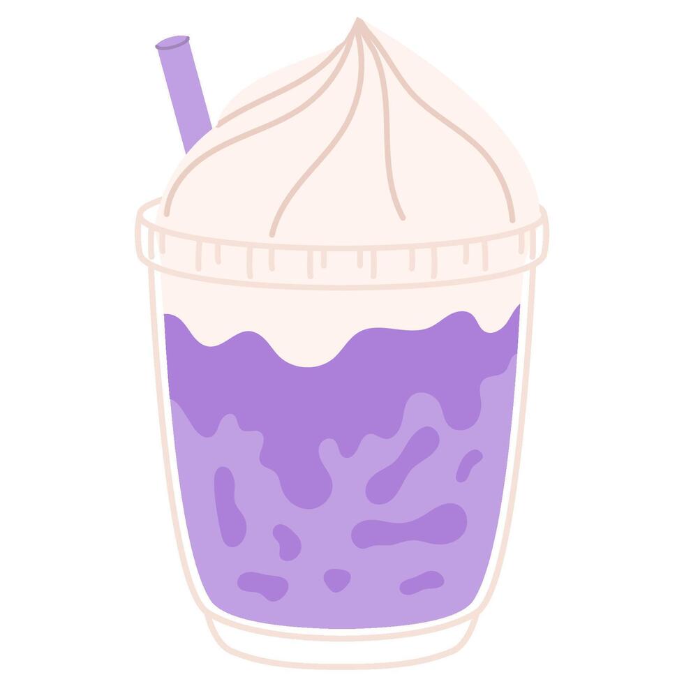 Purple soda float with whipped cream and lavender straw in clear cup vector